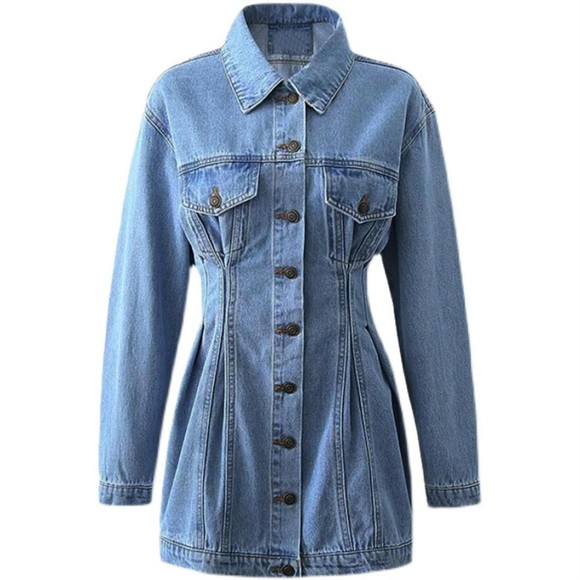 Blue Denim Mini Dress – A-Line Cut, Retro Turn-Down Collar, Slim Fit, NWT xxs - Picture 2 of 9